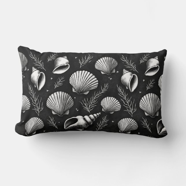 Coussin Rectangle Coquillages et Algues en Noir et Blanc  (Recto)