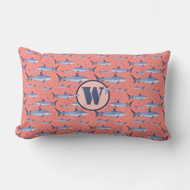 Coussin Rectangle Cora & Aquarelle Bleue Monogramme Requin + Jellyfi (Recto)