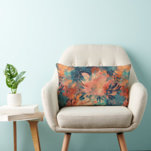 Coussin Rectangle Corail brillant et Turquoise Floral Abstrait
