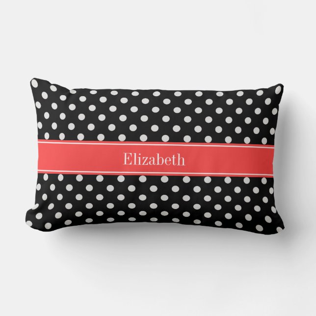 Coussin Rectangle Corail Rouge Points noirs et blancs Monogramme Nom (Recto)