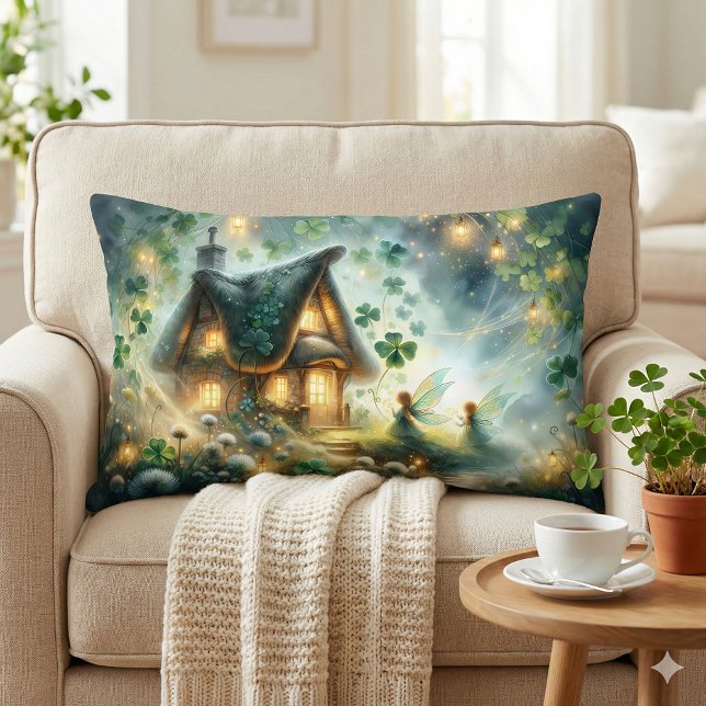 Coussin Rectangle Cottage de Fée Trèfle Lumineux (Shamrock Fairy Cottage Glow Lumbar Pillow Mockup A)
