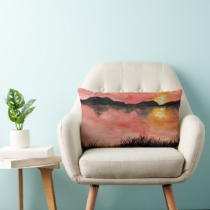 Coussin Rectangle Coucher de soleil peint à l'aquarelle/encre - Badh