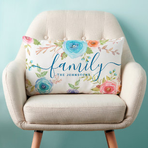 Coussin Rectangle Couleur d'eau florale bleu de famille monogramme b