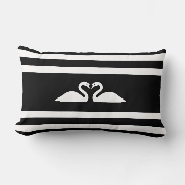 Coussin Rectangle Couple de cygnes chic moderne sur rayures noires e (Recto)