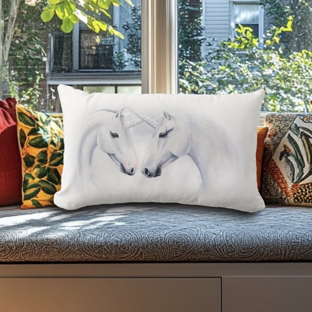Coussin Rectangle Couple de licornes blanches élégantes Fantastique  (Créateur téléchargé)
