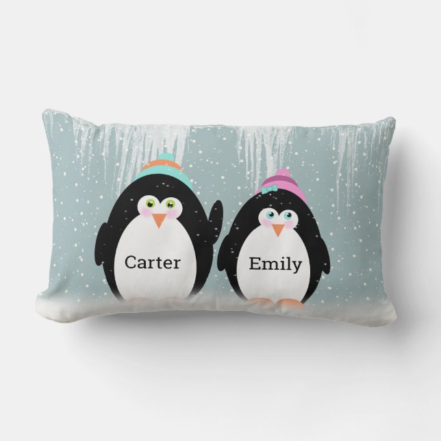 Coussin Rectangle Couple de pingouin dans les flocons de neige Jeter (Recto)