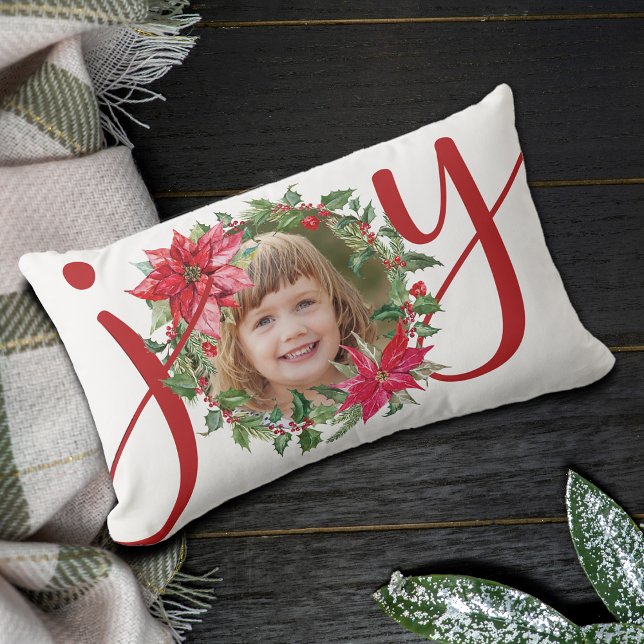 Coussin Rectangle Couronne de Noël JOY Photo (JOY Christmas Wreath Photo Lumbar Pillow)