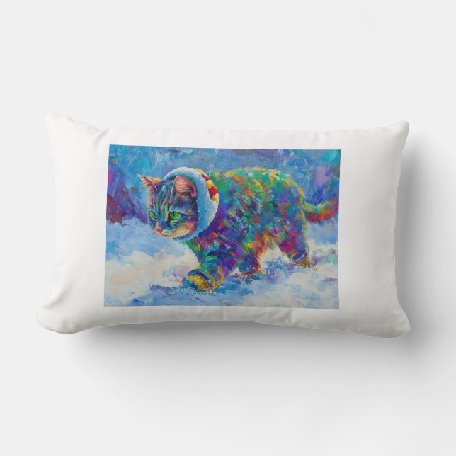Coussin Rectangle Couverture de chat dans la neige portant un casque (Recto)