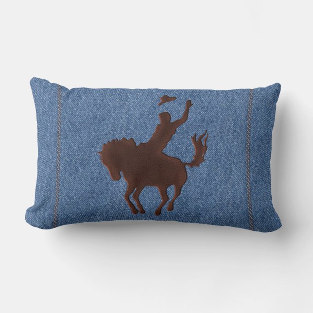 Coussin Rectangle Cowboy et cheval en cuir sur le denim (coussin (Recto)