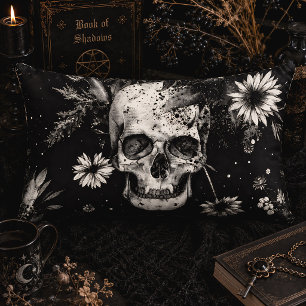 Coussin Rectangle Crâne Botanique Gothique Noir & Blanc