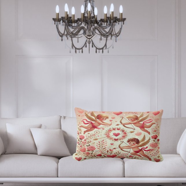 Coussin Rectangle Cupidon Rose et Or Romantique (Romantic Pink and Gold Cupid Lumbar Pillow – Add a sweet touch of love to your space.)