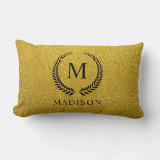 Coussin Rectangle Custom Golden Black and Gold Glitter Monogram 
