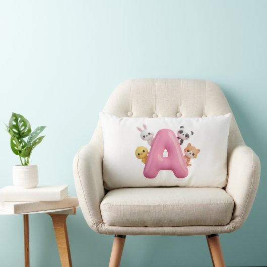 Coussin Rectangle Cute 3D Pink Balloon Letter A with Forest Animals  (Chaise)