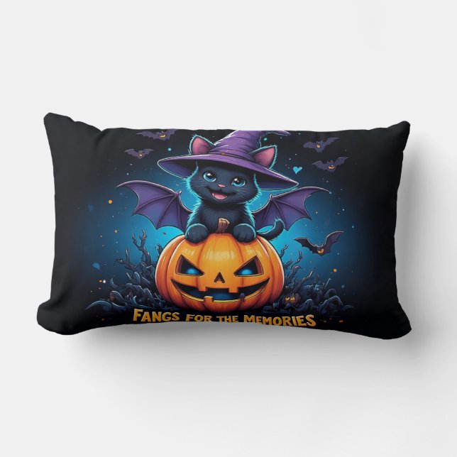 Coussin Rectangle Cute Black Cat Witch Sitting on Jack O Lantern (Recto)