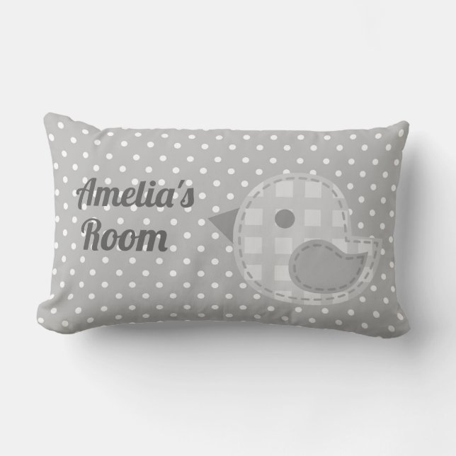 Coussin Rectangle Cute Grey Baby Bird and Polka Dot Personnalisé (Recto)