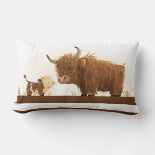 Coussin Rectangle Cute Highland Cow Mama & Calf Rustique Brown