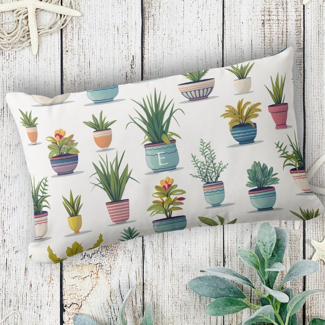 Coussin Rectangle Cute Monogramme Aquarelle Pot Plantes (Créateur téléchargé)