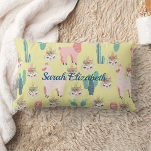 Coussin Rectangle Cute Pink lamas et cactus vert Personnalisé