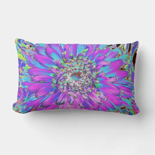 Coussin Rectangle Dahlia Abstrait Psychédélique Aqua, Vert Citron et (Recto)