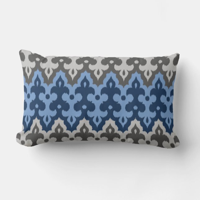 Coussin Rectangle Damas Ikat marocain, bleu et gris / gris (Recto)