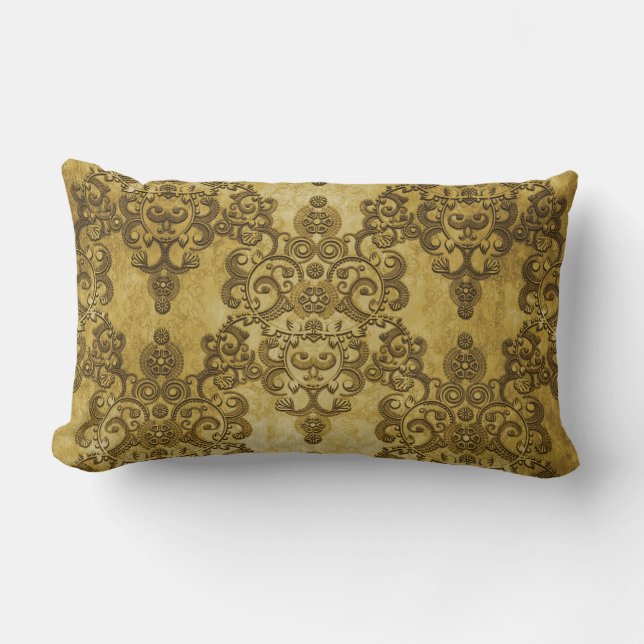 Coussin Rectangle Damask Distressed Rustic Dark Yellow Gold (Recto)