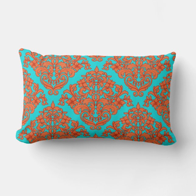 Coussin Rectangle Damassé d'orange et de turquoise (Recto)