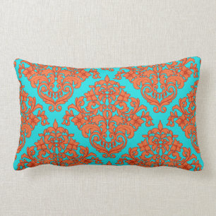 Coussin Rectangle Damassé d'orange et de turquoise