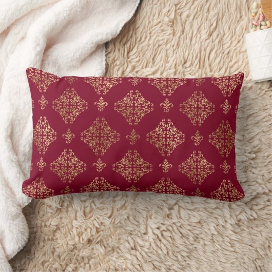 Coussin Rectangle Damassé doré élégant sur bordeaux (Couverture)