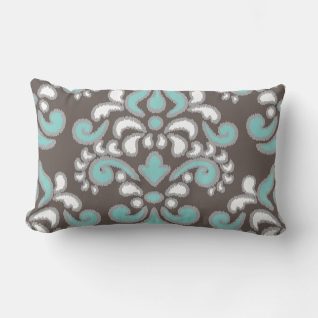 Coussin Rectangle Damassé florale Tuquoise d'Ikat et brun (Recto)