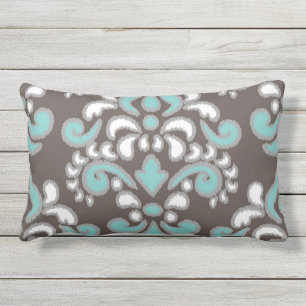 Coussin Rectangle Damassé florale Tuquoise d'Ikat et brun