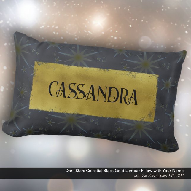 Coussin Rectangle Dark Stars Celestin Black Gold Nom (Dark Stars Celestial Black and Gold Lumbar Pillow Personalized with Your Name.)