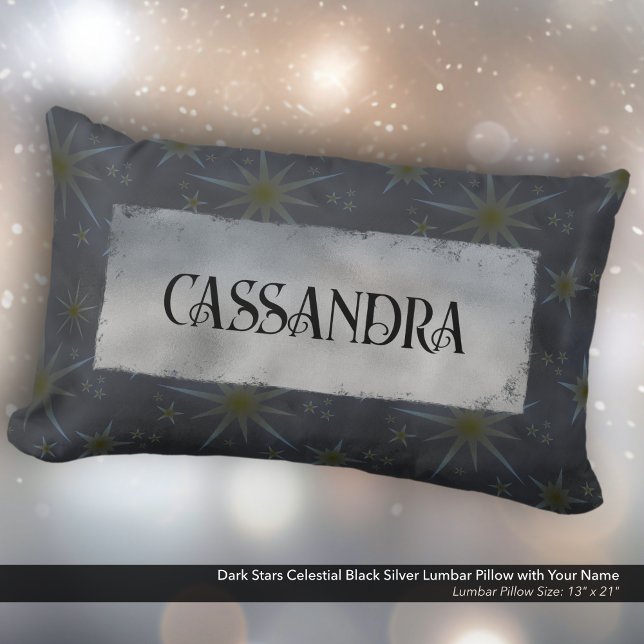Coussin Rectangle Dark Stars Celestin Black Silver Nom (Dark Stars Celestial Black and Silver Lumbar Pillow Personalized with Your Name.)