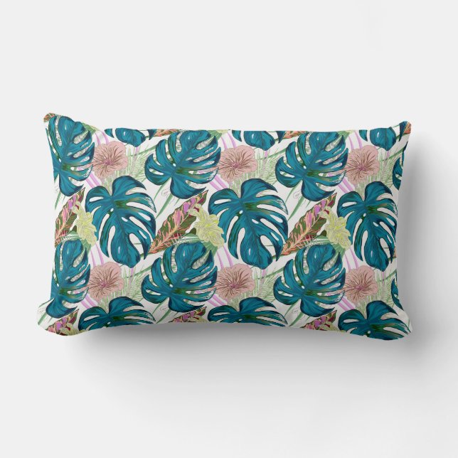 Coussin Rectangle Dark turquoise monstera, delicate peach and yellow (Recto)