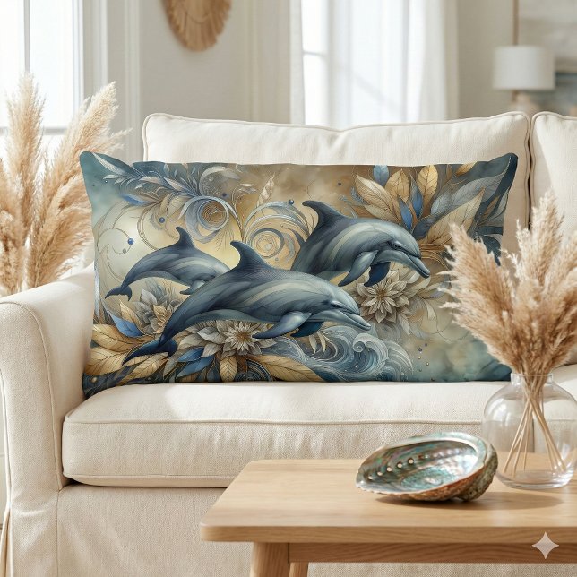 Coussin Rectangle Dauphins élégants aux vagues florales dorées (Elegant Dolphins with Golden Floral Waves Lumbar Pillow Mockup A)