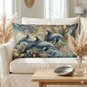 Coussin Rectangle Dauphins Élégants avec Vagues Florales Dorées