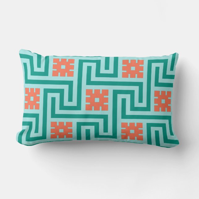 Coussin Rectangle Déco clé grecque, turquoise, aqua et corail (Recto)