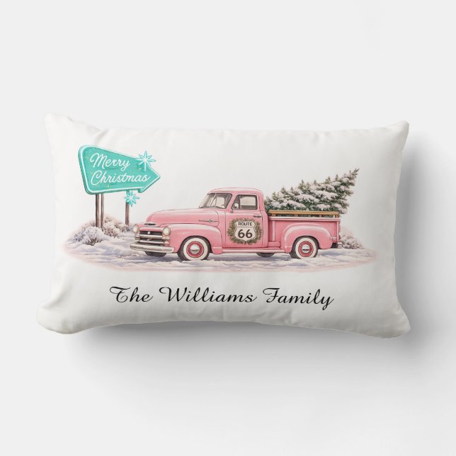 Coussin Rectangle Décor de Noël familial avec camionnette rose (Recto)