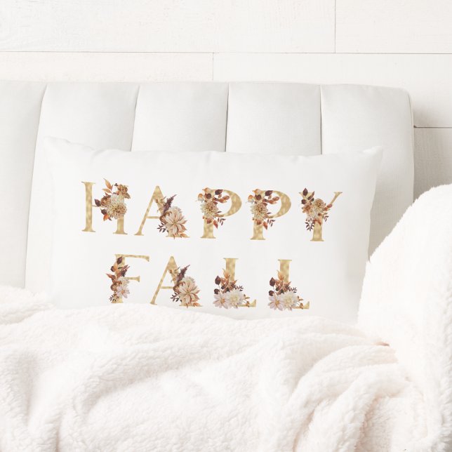 Coussin Rectangle Décoration Florale et Lettres Dorées de l'Automne  (Happy Fall Decoration Floral and Gold Letters Lumbar Pillow
)
