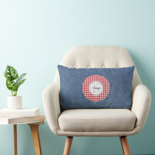 Coussin Rectangle Denim Bleu, Accent à Carreaux Rouges et Blancs
