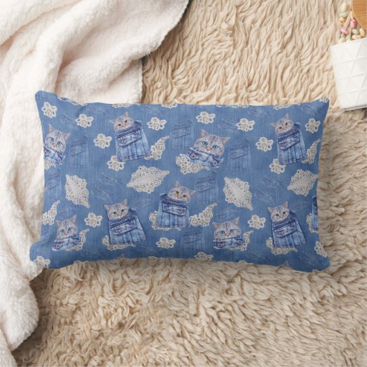 Coussin Rectangle Denim Jean poches, chatons et dentelle (Couverture)
