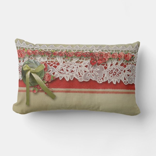 Coussin Rectangle Dentelle de rose ancienne Rouge rustique victorien (Recto)