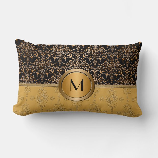 Coussin Rectangle Design de Monogram Gold et Black Damask (Recto)