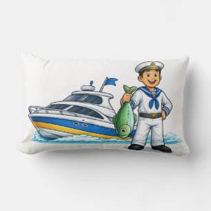 Coussin Rectangle Dessin animé Marin avec yacht et poisson Art nauti