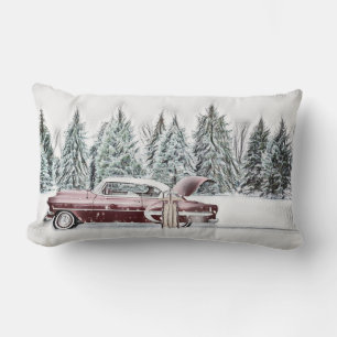 Coussin Rectangle Dessin vintage d'un camion rouge avec sapin de Noë