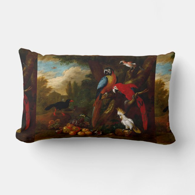 Coussin Rectangle Deux Macaws un Cockatoo et une Jay aux fruits (Recto)