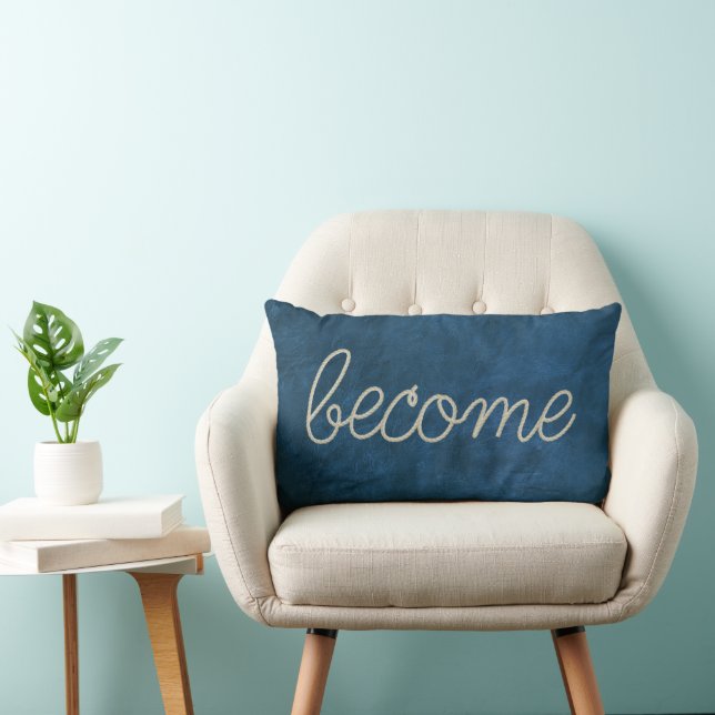 Coussin Rectangle DEVENIR Corde Texte sur Cuir Bleu (Chaise)
