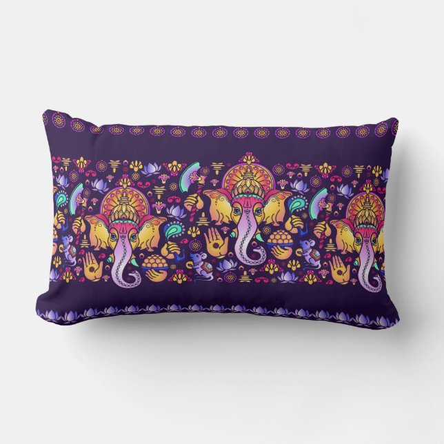 Coussin Rectangle Dieu hindou Ganesha et symboles indiens en bande (Recto)