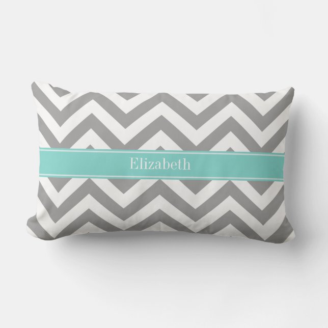 Coussin Rectangle Dk Gris Blanc LG Chevron Turquoise Monogramme Nom (Recto)