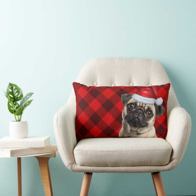 Coussin Rectangle Dog Lover Christmas Pug Red Buffalo Holiday Plaid (Chaise)