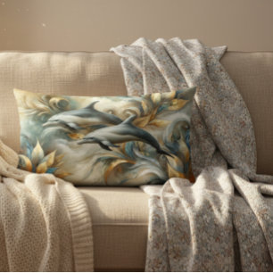 Coussin Rectangle Dolphins Golden Botanical Dreamscape